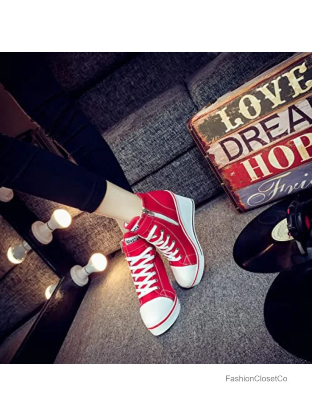 Women's Canvas High-Heeled Platform Wedge Sneakers, Lace-Up, Breathable, Rubber